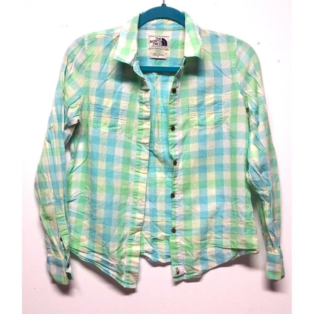 The North Face Womens Shirt button-up Sz S green white collar OFFICE long sleeve